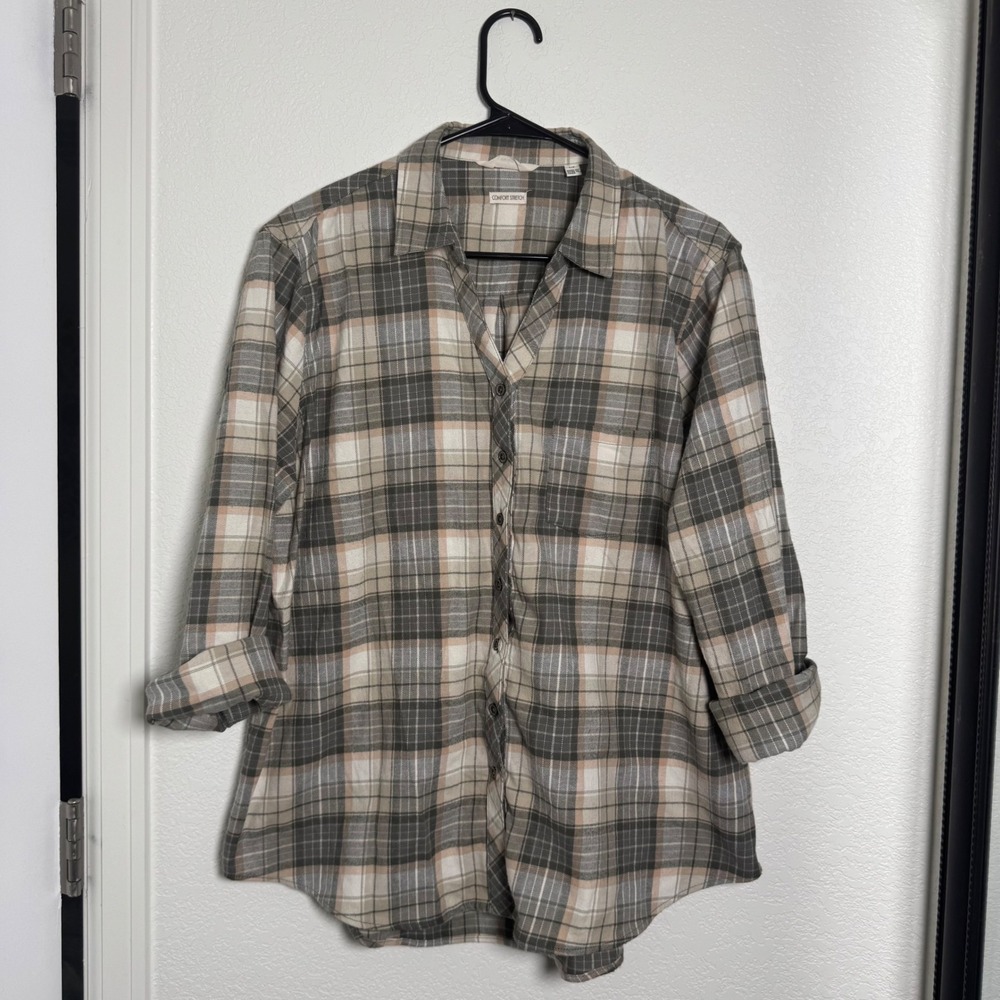 Weatherproof Vintage Button Down Womens Large‎ Gray Plaid Comfort Stretch Shirt